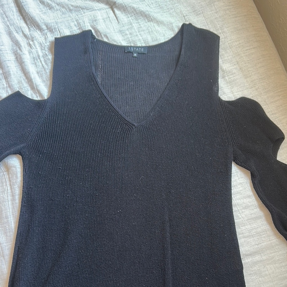 STATE Black V-Neck Knit Sweater with Cut Out Sleeves